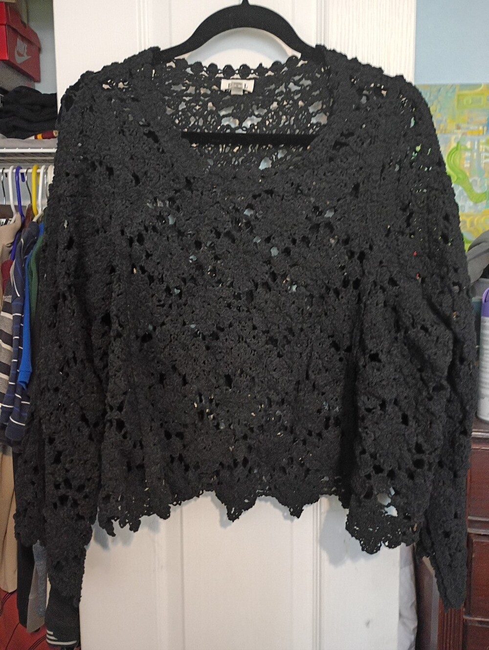Black Crochet Knit Women's Sweater - Lightweight Openwork Pullover